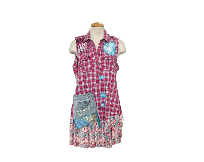 Featured listing image: Fun Piggy Summertime Love Peace Heart Pink and Blue Plaid Duster Medium