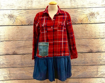 Upcycled Mickey Mouse Plaid Shirt Dress - Disneyland Duster XS