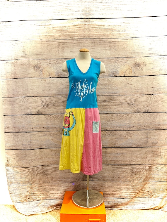 V Neck T-shirt Fitted Upcycled Pastel Patchwork Wake Up Now Dress - Small