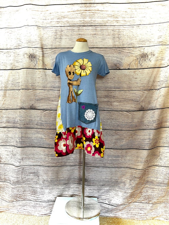 Up-Cycled Marvel Baby Groot Love Always Wins T-shirt Tunic Small