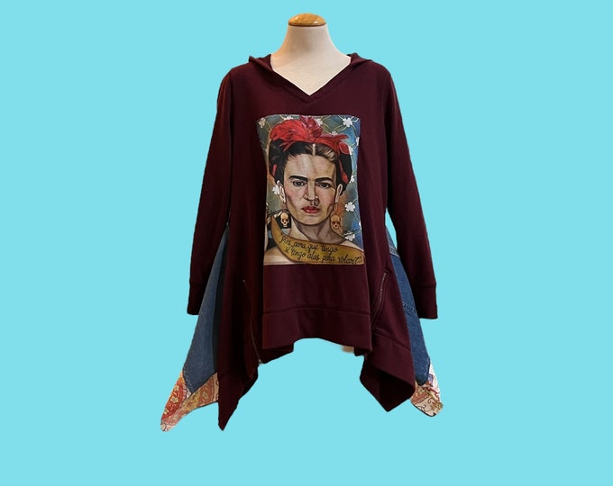 Featured listing image: Artsy Maroon Frida Kahlo Longsleeved Hoodie Lagenlook Sweatshirt Medium