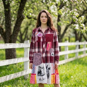 Liefde voor dieren, boerderijleven, patchwork flanellen lange mouwen duster, maat L XL