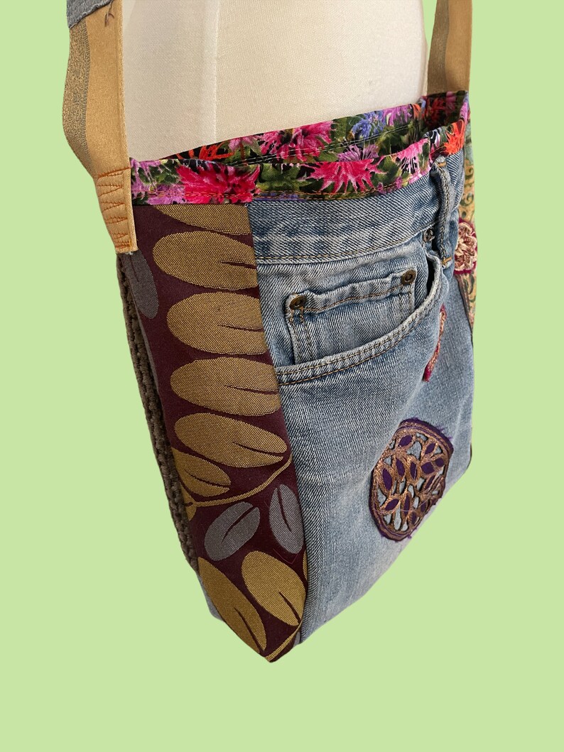 Patchwork Hippie Messenger Lined Bag Upcycled Denim Boho Chic Etsy