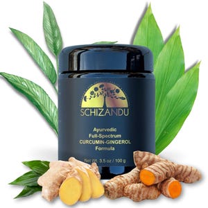 Könnte beinhalten: Ein schwarzes Glas mit der Aufschrift "SCHIZANDU" und "Ayurvedic Full-Spectrum CURCUMIN-GINGEROL Formula." Das Bild zeigt grüne Blätter, Ingwerwurzel und Kurkuma. Das Nettogewicht beträgt 100 g.