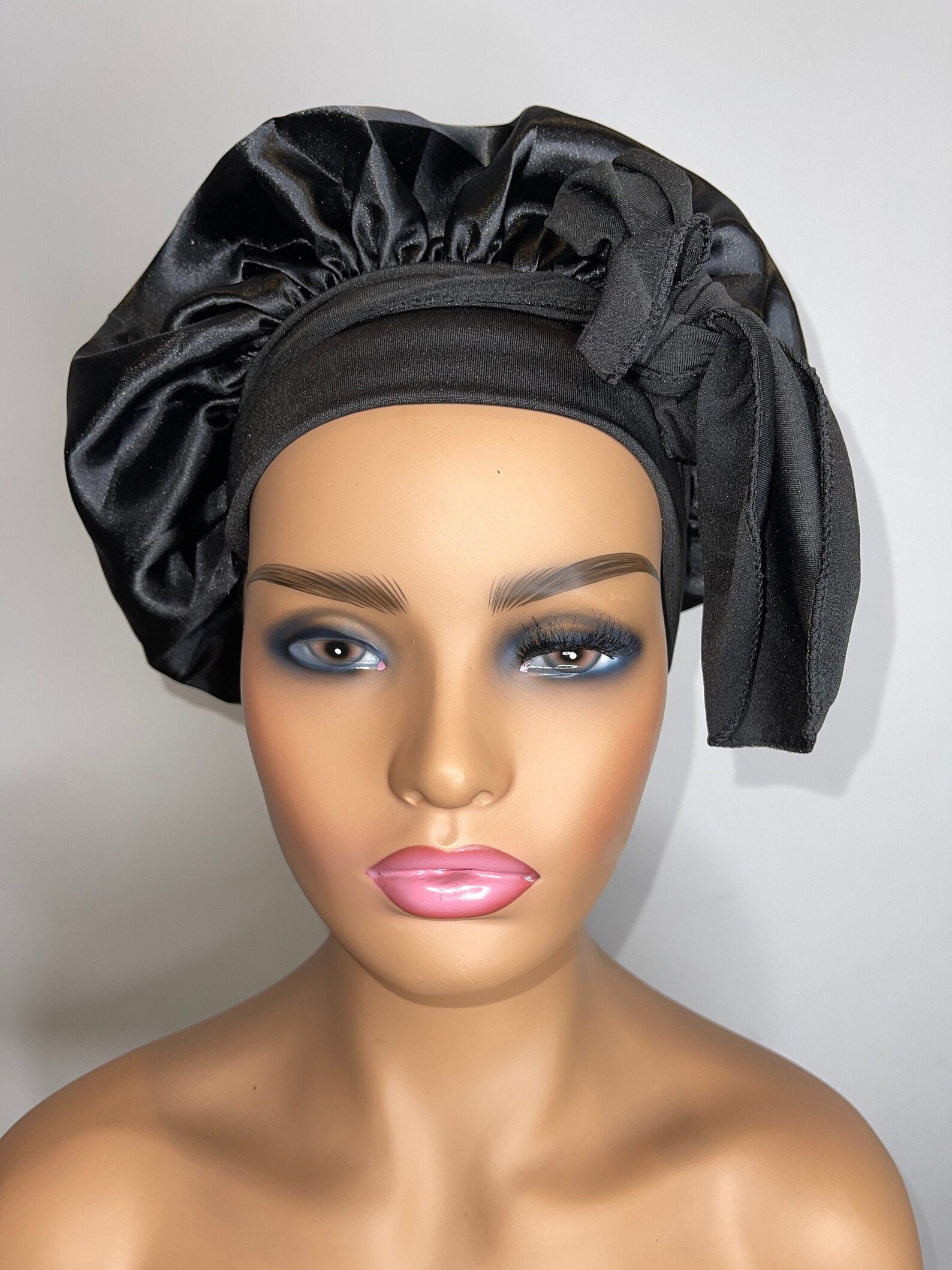 Satin Tie Bonnet With Wide Stretch Ties Single Lined Black - Etsy