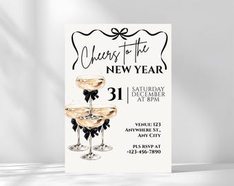 Editable New Years Eve Party Invitation. 2026 New Year’s Party Invite. Champagne New Year Invite. NYE Party. New Years Eve Evite.