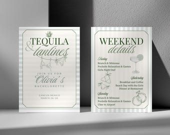Tequila Tan Lines Bachelorette Invitation & Itinerary: Sage Green Stripes Mexico Bach Weekend