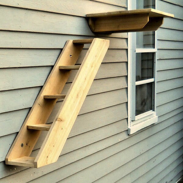 Outdoor Cedar Cat Wall System: Stair / Ladder - Weather Resistant to attach to outdoor wall for Cats to Climb, Play and Lounge