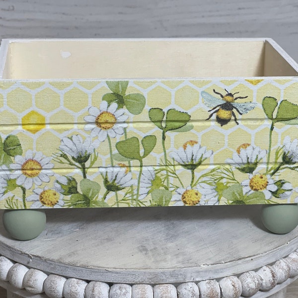 Spring/Summer Beautiful Decorative Daisies and Bees Wooden Storage Crate for Coffee Bars Party Favors Etc.