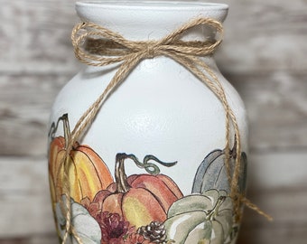 Rustic Handmade Decoupaged Farmhouse Fall  Pumpkin Bouquet  Flower Vase, Pumpkin Harvest Vase, Fall Decor, Farmhouse Decor, Rustic Decor