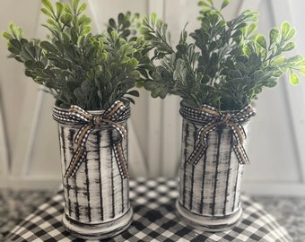 Two Buffalo Check & Jute Farmhouse Vases With Greenery