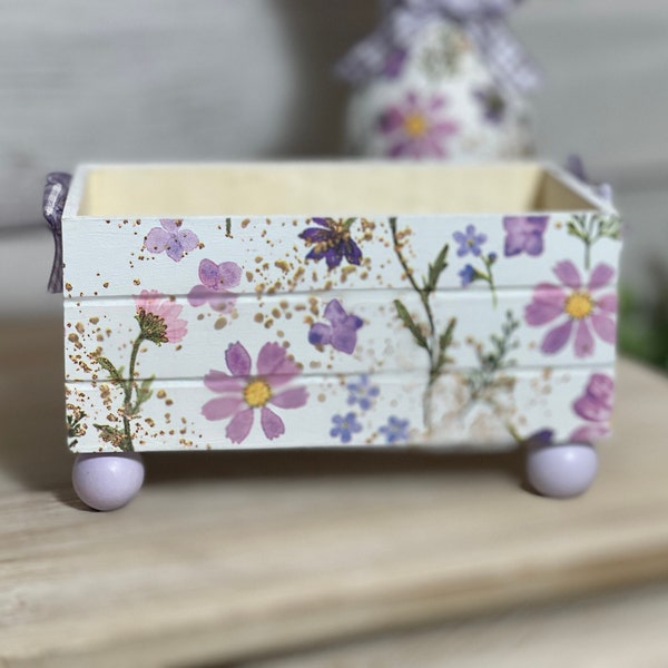 Farmhouse Decorative Wooden Decoupaged Crate For Cocoa/Coffee Bars, Gift Boxes, Florals