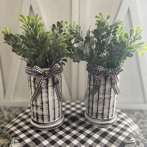 Two Buffalo Check & Jute Farmhouse Vases With Greenery