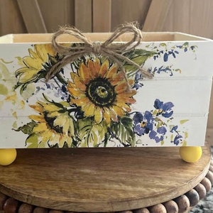 Farmhouse Sunflowers &  Lavender Decorative Handmade Wood Crate, Cocoa Bars, Coffee Bars, Floral Arrangements Planters