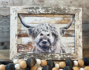 Rustic Highland Cow Framed Sign: Farmhouse Shiplap Decor