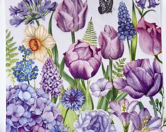 Spring Tulips  Daffodils Hydrangeas and Butterflies in  Purples Decoupage Napkins for Crafting,  Set of 2, Lunch Napkins