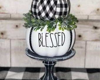Farmhouse Blessed Check Black and White TieredPumpkins on Pedestal, Fall/Autumn Table Decor