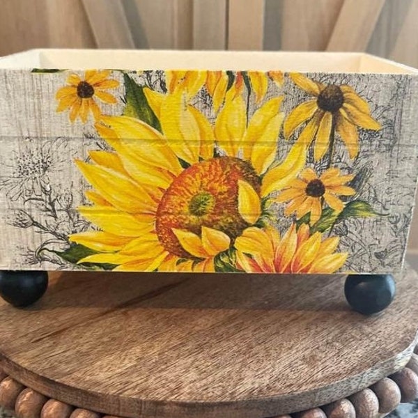Farmhouse Sunflower and Bee  Decorative Handmade Wood Crate, Cocoa Bars, Coffee Bars, Floral Arrangements Planters