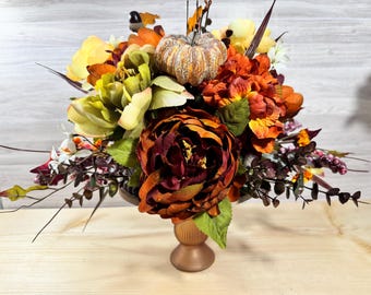 Fall Floral Arrangement in Glass Vase with Wood Bead Base | Autumn Centerpiece | Pumpkin Floral Decor | Thanksgiving Table Decoration | 14"