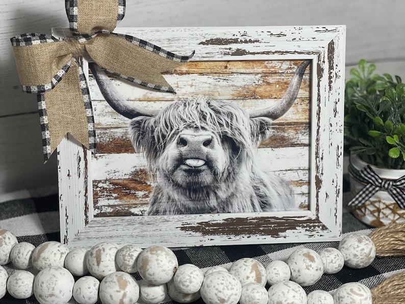 Shiplap Highland Cow Rustic Farmhouse Sign Farmhouse Decor Distressed Frame Farmhouse Kitchen / Bathroom Decor Tier Tray Plaque image 1