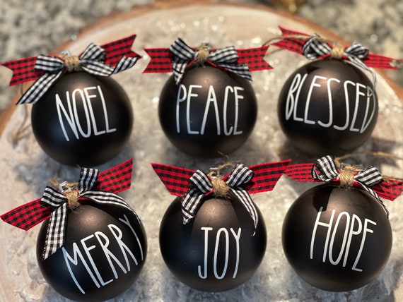 Farmhouse Christmas Ornaments French Country Balls SET OF SIX Shatterproof  Black Christmas Bulbs Buffalo Plaid Christmas Tree Bulbs 