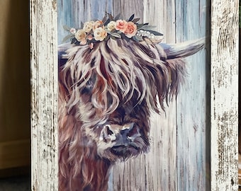 Jolie enseigne florale Highland Cow Shiplap | Art encadré en détresse rustique | Décor de style ferme | Décor de cuisine | Plateau de niveau | Vache laitière