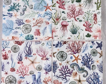 Sea Life, Coastal Beach , Sea Shells, Starfish, Sand Dollars, Coral & Jellyfish- Set of 4 different cocktail  napkins decoupage crafting