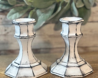 Rustic Farmhouse White and Black Distressed Glass Candle Stick Holders