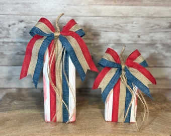 4th of July Wooden Firecracker Bow Blocks, Table Decor, Vintage Decor, Farmhouse Patriotic Decor, Americana Decor, Wood Block Decor
