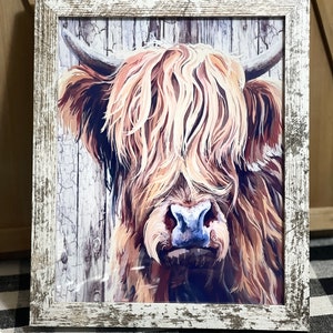 Rustic Farmhouse Distressed Shiplap Highland Cow Framed Art | Farmhouse Style Decor | Kitchen Decor | Tier Tray | 9&quot;x 11&quot;