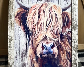 Ferme rustique en détresse Shiplap Highland Cow encadrée Art | Décor de style ferme | Décor de cuisine | Plateau de niveau | 9"x 11"