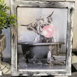 Bubble Bath Highland Cow | B W Distressed  | Rustic Farmhouse | Farmhouse Bathroom Decor | Easel Back | Wall Hanger|Highland Cow Lovers