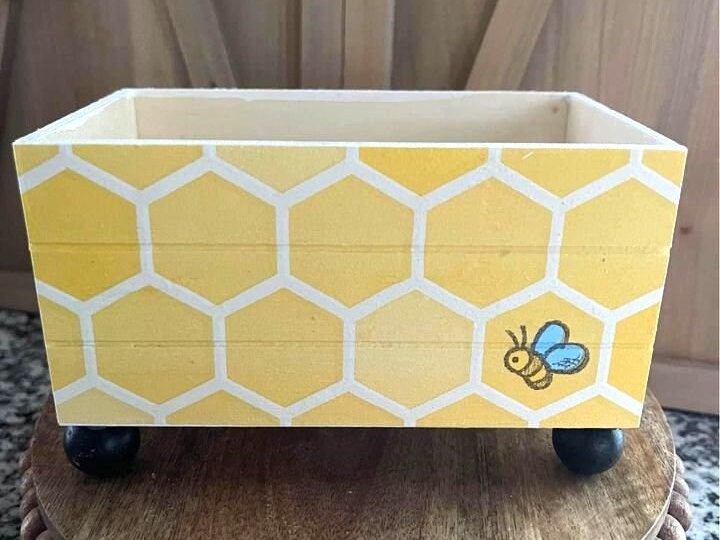Farmhouse Bee Honeycomb Decorative Handmade Wood Crate, Cocoa Bars, Coffee Bars, Floral Arrangements Planters