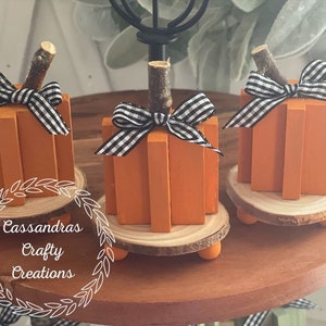Fall Wood Block Pumpkins w/Check Bow on Mini Wood Slice Risers (Set of 3) Riser Decor | Tier Tray Decor | Home Decor | Farmhouse Decor