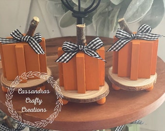 Fall Wood Block Pumpkins w/Check Bow on Mini Wood Slice Risers (Set of 3) Riser Decor | Tier Tray Decor | Home Decor | Farmhouse Decor