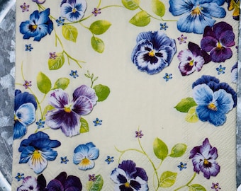 Blue Purple Green Pansies Decoupage Napkins for Crafting,  Set of 2, Lunch Napkins