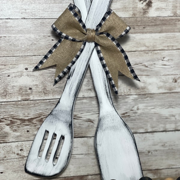 Distressed Fork & Spoon |  Burlap Check Bow Decor | Farmhouse Wooden Wall Hanging | Farmhouse Decor | Door Hanger Sign | Country Kitchen
