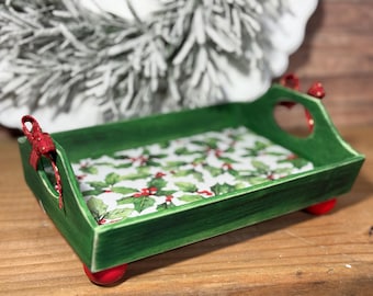 Santas Cookies | Festive Christmas Holly Berry Wooden Candy Chocolate  Cocoa Coffee Jewelry Trinket Tray, Distressed Wooden Bow Beaded Feet