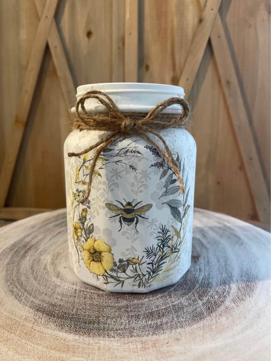 Rustic Farmhouse Jar, Honey Bee Wreath Jar Vase, Cottage Decor