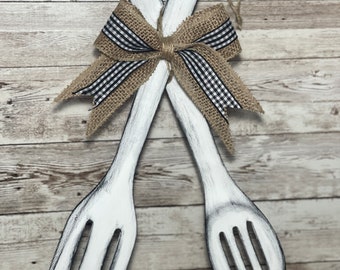 Distressed Fork & Spoon | Farmhouse Bow Decor | Farmhouse Wooden Wall Hanging | Farmhouse Decor | Door Hanger Sign | Country Kitchen