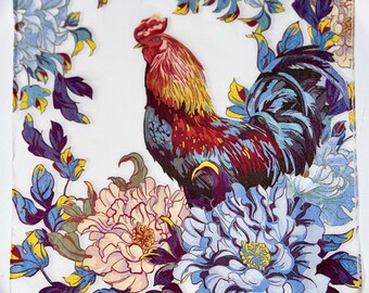 Rooster Blue Florals Luncheon Size Napkin for Decoupage - 2 Individual Napkins for Crafting