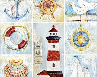 Nautical Beach Napkins, Coastal Lighthouse Sailboat Seashell Designs (Set of 2)