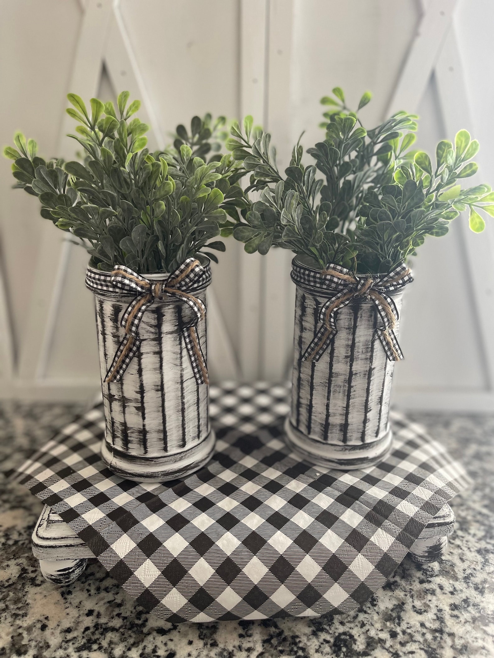 Two Buffalo Check & Jute Farmhouse Vases With Greenery Etsy