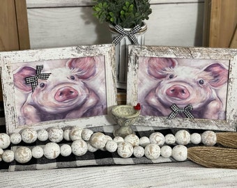 Signes de cuisine de couple de porc | Décor de ferme | Cadre en détresse | Décor de ferme rustique | Chevalet arrière | Crochets | Chèque Buffalo noir et blanc