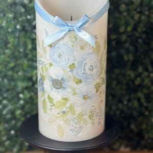 Blue and White Rose Chinoiserie Floral Flameless LED Pillar Candle  Decor, Decoupaged Candle 8&quot;  Satin Bow