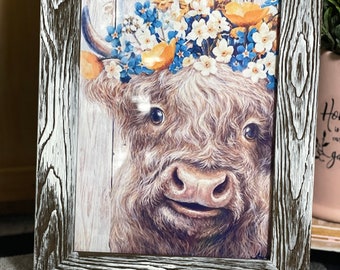 Pretty Floral Highland Cow sign  | Rustic Distressed Framed Art | Farmhouse Style Decor | Kitchen Decor | Tier Tray | Dairy Cow