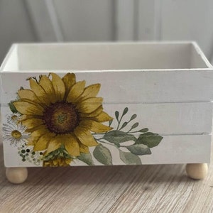 Farmhouse Sunflowers Decorative Handmade Wood Crate, Cocoa Bars, Coffee Bars, Floral Arrangements Planters