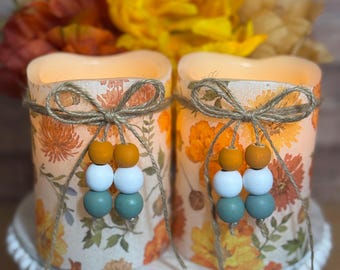 Rustic Fall Floral Flameless LED Candle: Wood Bead  Jute Bow Decor | Wedding Decor