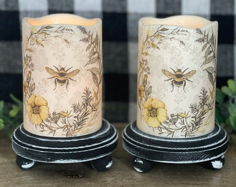 Set of 2 Spring Honey Bee Inspired 4" Flameless Flickering LED Candles on Black Wooden Risers,  Mothers Day, Home Decor Summer