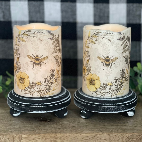 Set of 2 Spring Honey Bee Inspired 4" Flameless Flickering LED Candles on Black Wooden Risers,  Mothers Day, Home Decor Summer